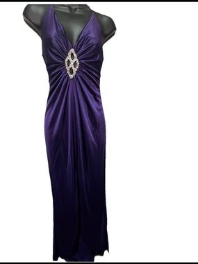 Carabella Purple Satin Halter Gown Rhinestone Cutout Y2K Prom Formal S Low Back